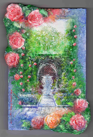 バラをオブジェ風に添えた園庭絵画