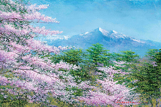 ゆったりとした山とピンクの桜