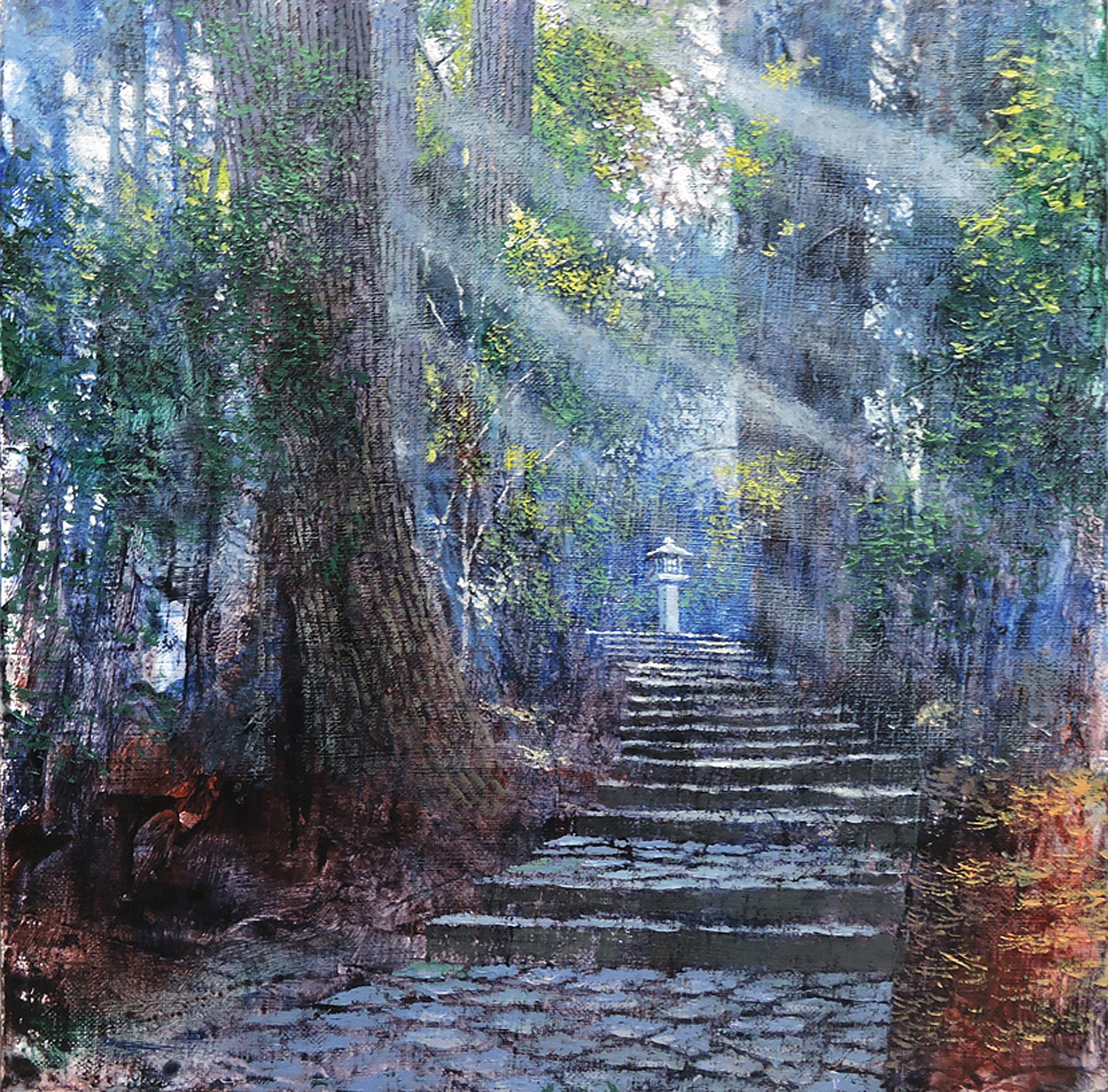 バラをオブジェ風に添えた園庭絵画