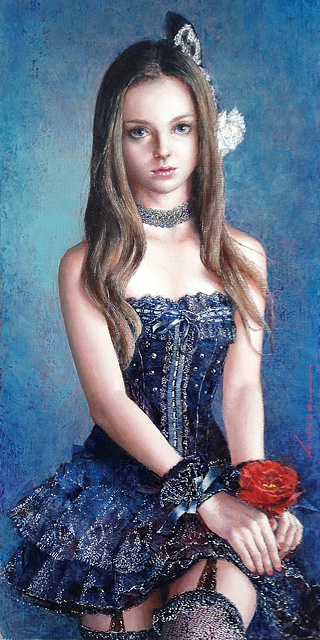 一輪の赤い薔薇と青いドレスの少女